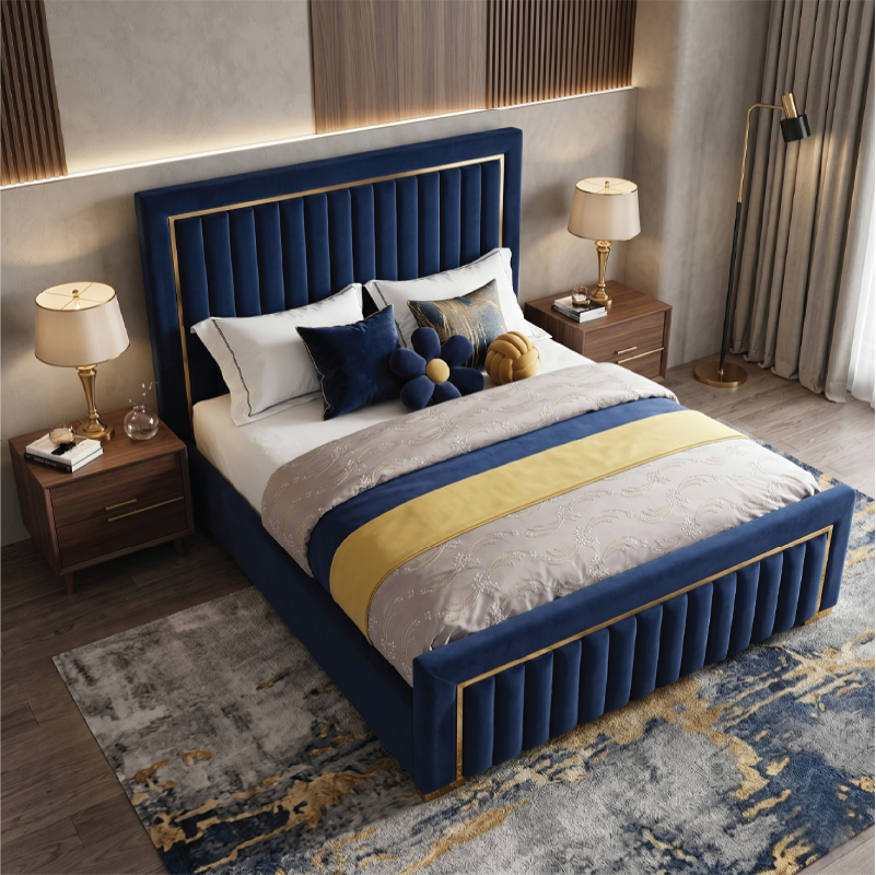 Channel tufted headboard modern style bed design premium blue cot