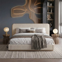 This contemporary bed frame features a tall vertical channel-tufted headboard with plush foam