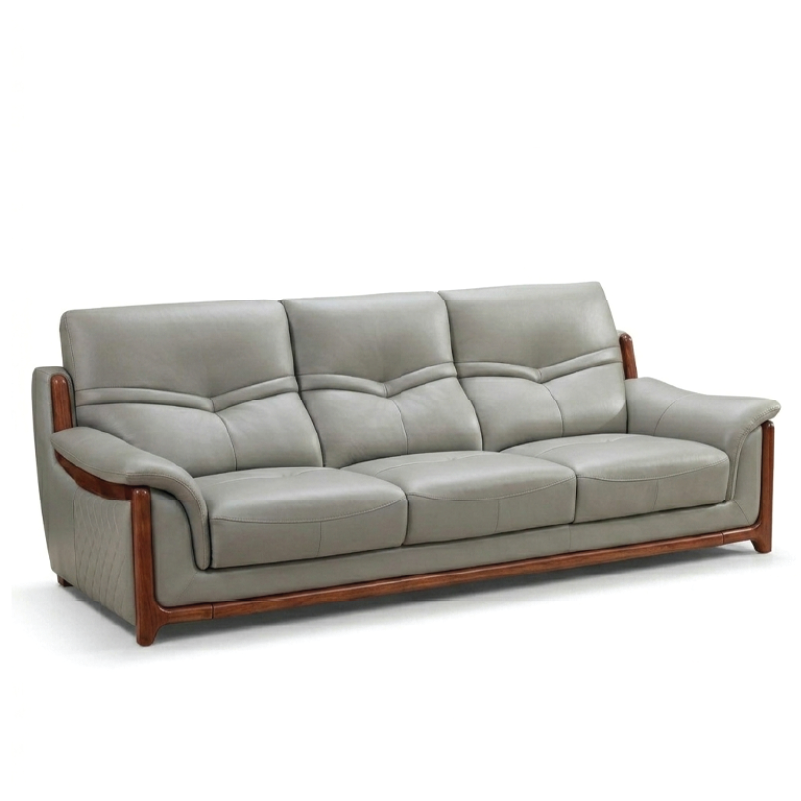 corner sofa with deep cushions, rounded arms and warm polished wooden side details — alternate angle showing the full dept...