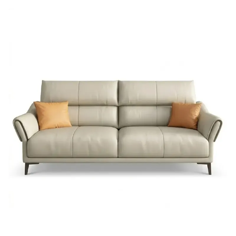 beige leatherette sofa with supportive high back cushions, rounded arms and slim raised legs — alternate angle showing the...