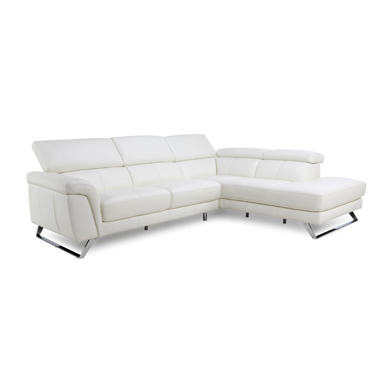 white l shape sofa with wide padded arms, supportive cushions and angled chrome finish legs — alternate angle showing the...