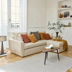 Convertible sofa bed with hidden corner storage, for apartments, family rooms and guest spaces