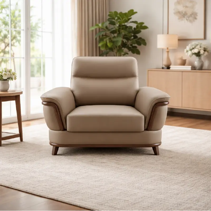 beige pure leather sofa with supportive back cushions, curved arms and refined wooden details — full view with the complet...