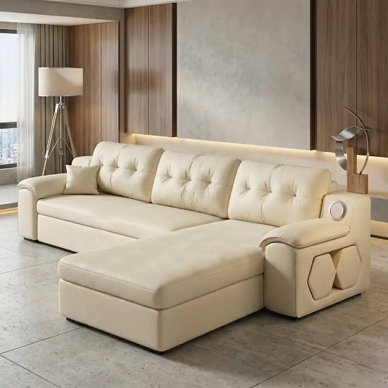 Convertible sofa bed with side shelves, for apartments, family rooms and guest spaces