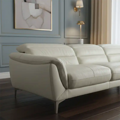 modern l shape sofa with high back cushions, soft rounded arms and slim raised legs — full view with the complete shape cl...