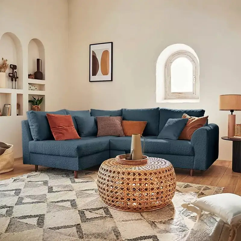 Sleeper sofa with a movable footstool, for apartments, family rooms and guest spaces