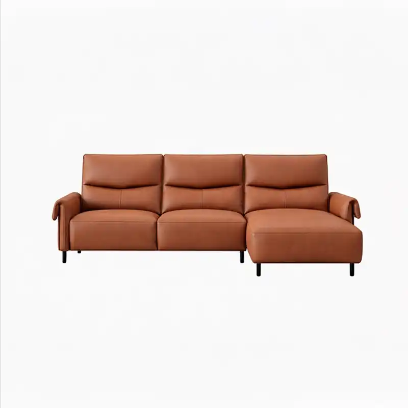rich tan l shape sofa with smooth easy clean finish, supportive cushions and flexible layout — close view showing the colo...