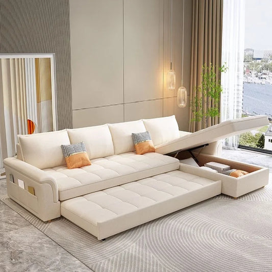 Couch sofa bed with hidden storage, shown as a flexible seating and sleeping option