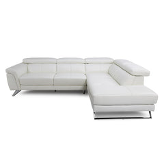 white l shape sofa with wide padded arms, supportive cushions and angled chrome finish legs — full view with the complete...