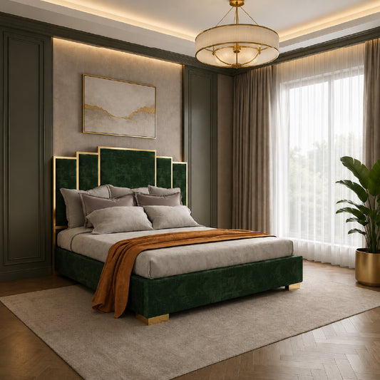 Velvet panel headboard bed frame modern bed design emerald green upholstered bed