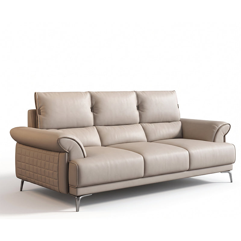 modern l shape sofa with supportive back cushions, neat side details and slim metal legs — full view with the complete sha...