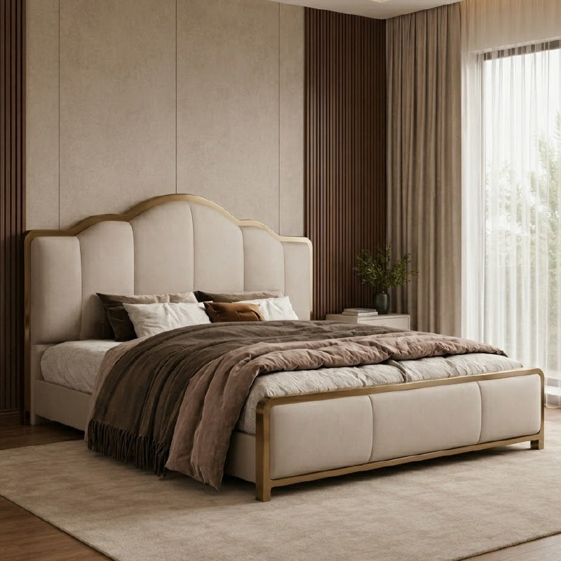 Stylish upholstered bed design with cushioned panels contemporary fabric texture