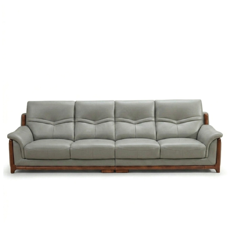corner sofa with deep cushions, rounded arms and warm polished wooden side details — full view with the complete shape cle...