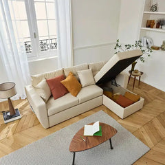 Convertible sofa bed with hidden corner storage, with easy conversion from seating to sleeping