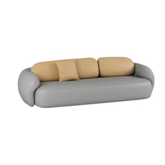 soft curved fabric sofa with cloud like cushions, wraparound arms and a low grounded base — close view showing the colour...