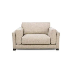 modern neutral fabric sofa with wide padded arms, thick cushions and clean straight lines — close view showing the colour...