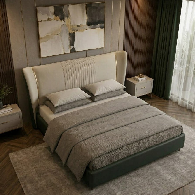 Modern bed and cot bed frame plush wingback headboard metallic legs