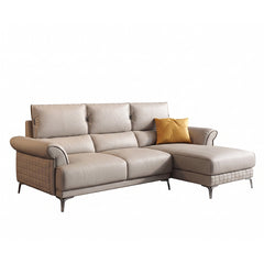 modern l shape sofa with supportive back cushions, neat side details and slim metal legs — close view showing the colour a...