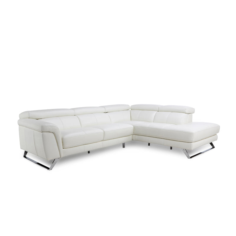 white l shape sofa with wide padded arms, supportive cushions and angled chrome finish legs — close view showing the colou...
