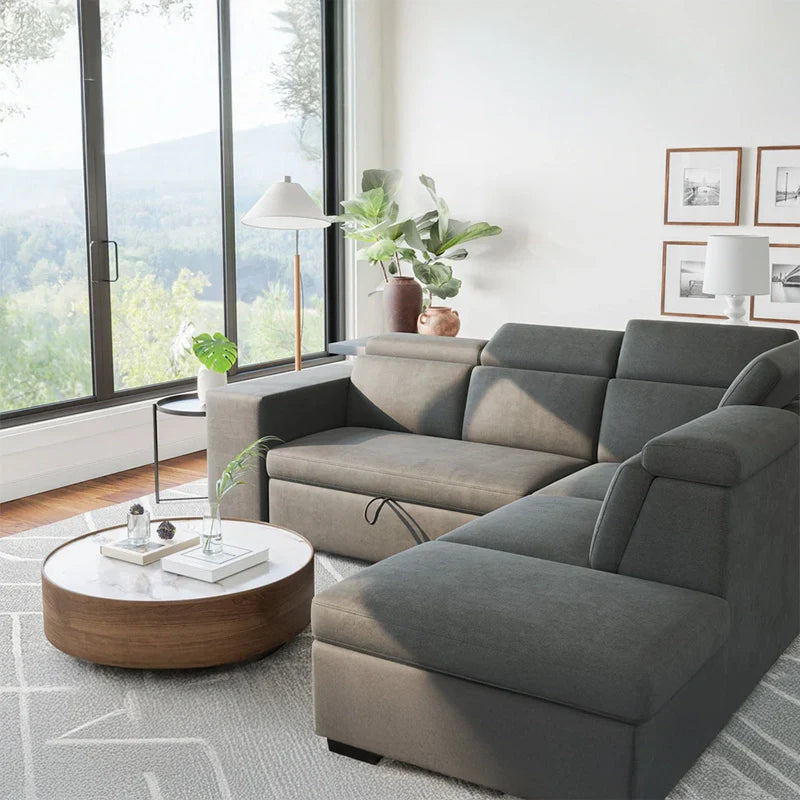 Sofa bed with storage and nested stools, with a clean profile and custom finish options